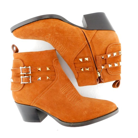 New VALENTINO Rockstud Brown Suede Western Bootie 37 - Picture 5 of 11